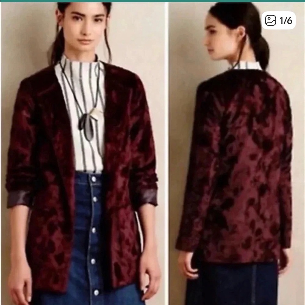 Anthropologie Tabitha Faux Fur Plush Blazer Jacket Burgundy Red Wine Size S